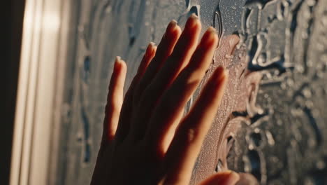 hand touching a wet glass window