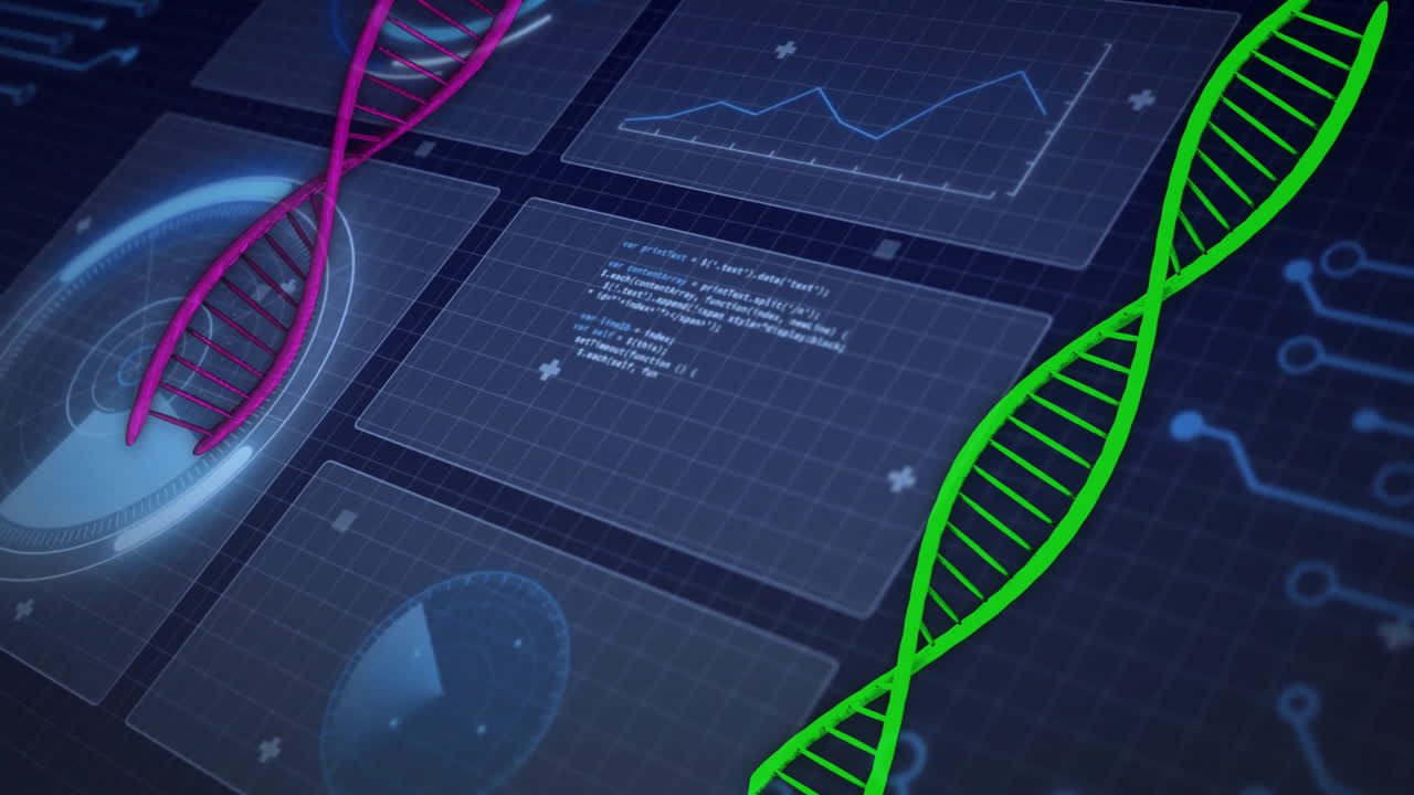 Animation of dmna strands over data processing on black background