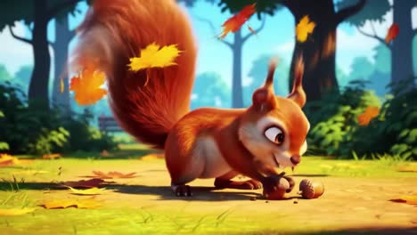 a playful squirrel gathers acorns in a vibrant forest filled with autumn leaves, showcasing its adorable antics and lively personality in a picturesque natural setting