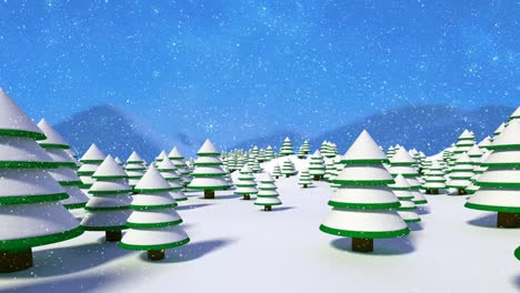 Animation-of-snow-falling-over-fir-trees-covered-in-snow-and-winter-landscape-background