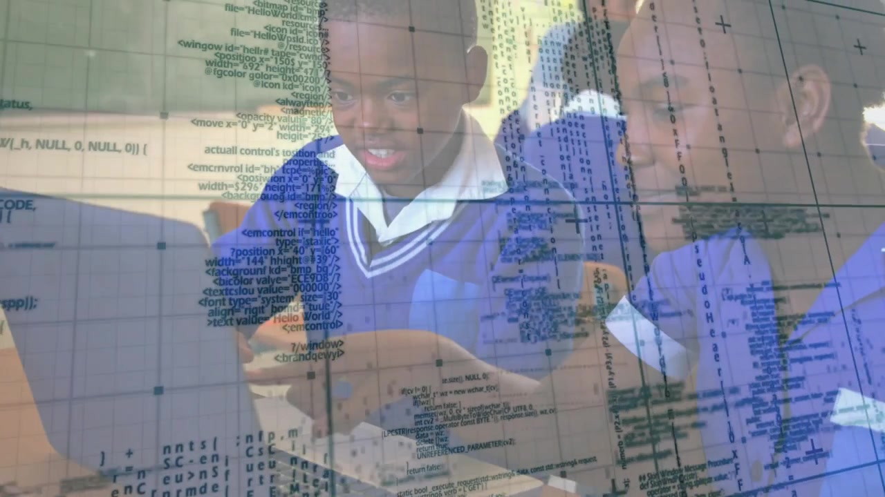 Boy and girl students leaning on laptop executing command, code overlay celebrating success