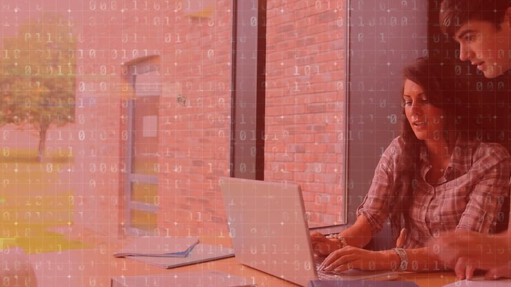 Animation of data processing over caucasian business people in office