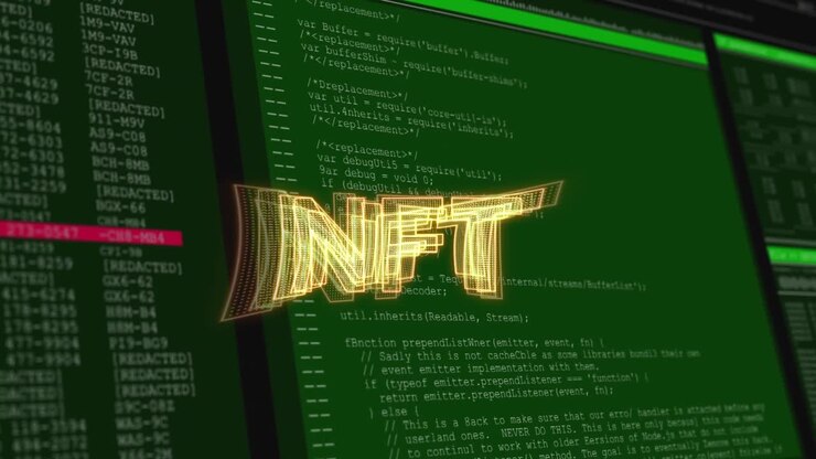 Nft text banner over multiple screens with over data processing against black background