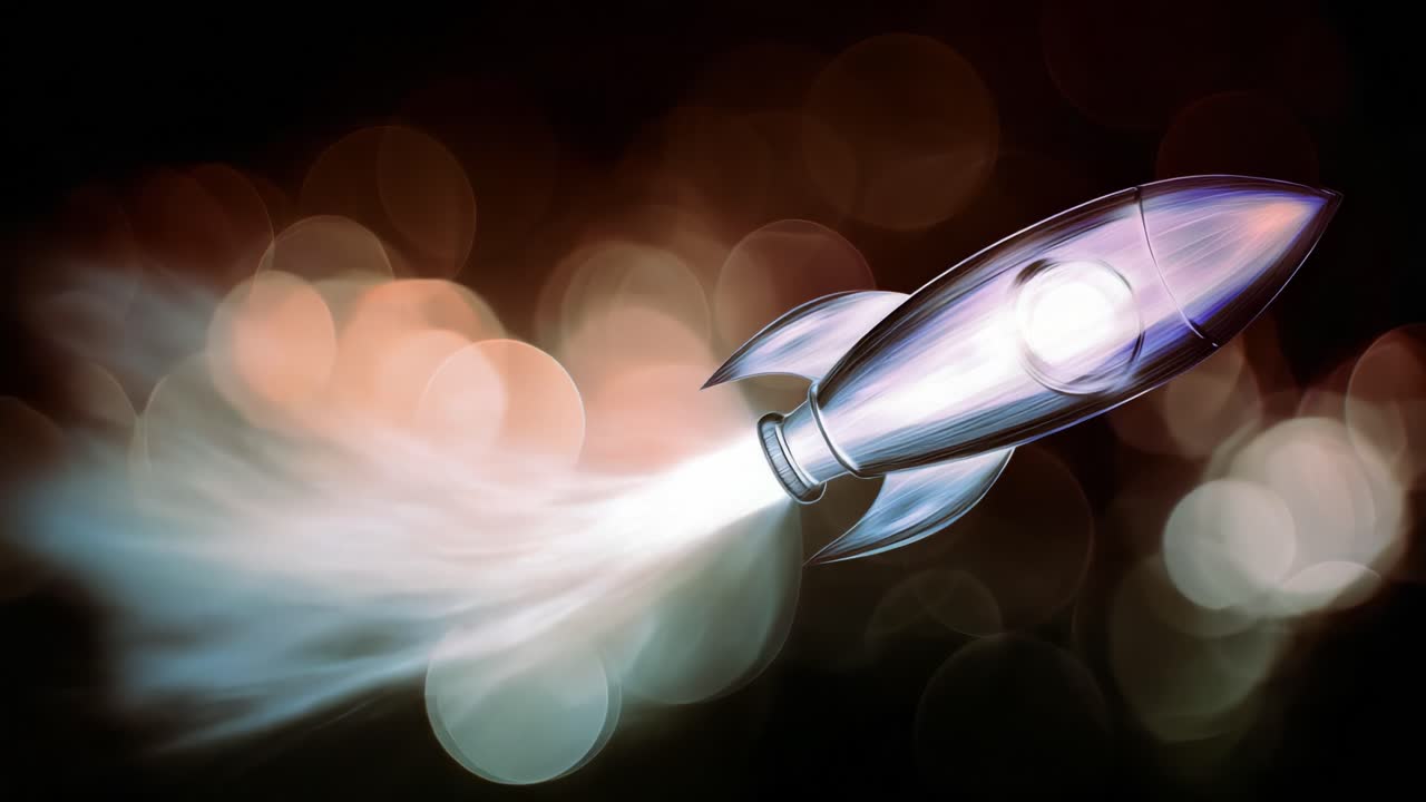 Stylized rocket ship flying through a dark space with a trail of smoke and fire coming from its engine, representing successful business startup, innovation, and futuristic exploration concepts