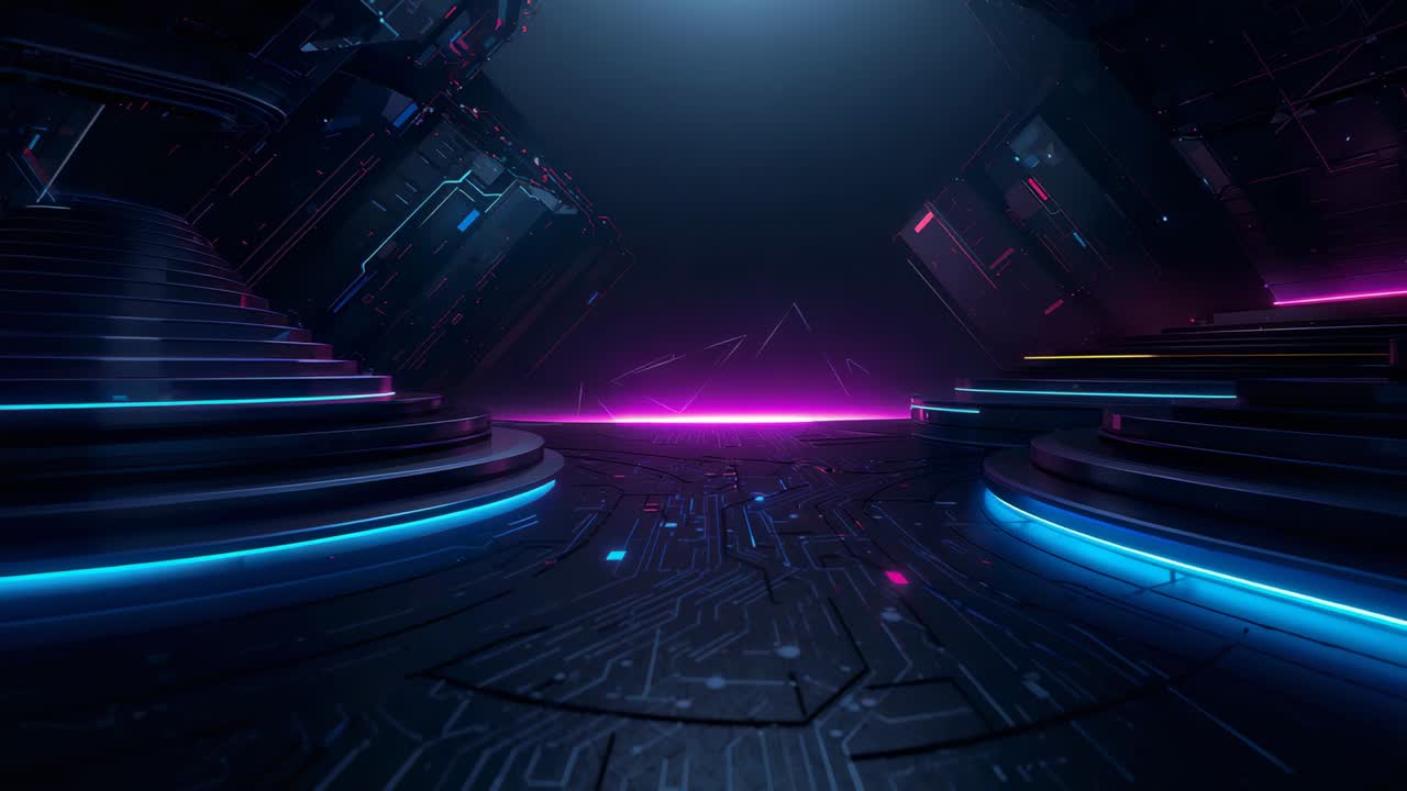 Início do loop, estágio da câmara tecnológica pulsando banda magenta, partículas flutuando sobre o piso e os degraus do circuito