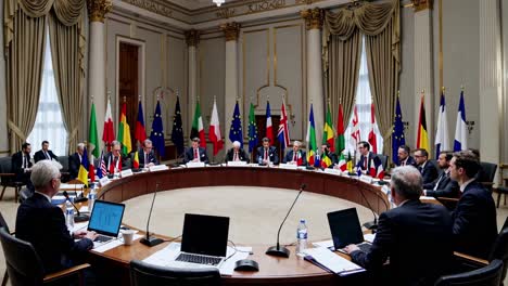 High-angle video of a formal international meeting in a grand room, showcasing delegates at a round