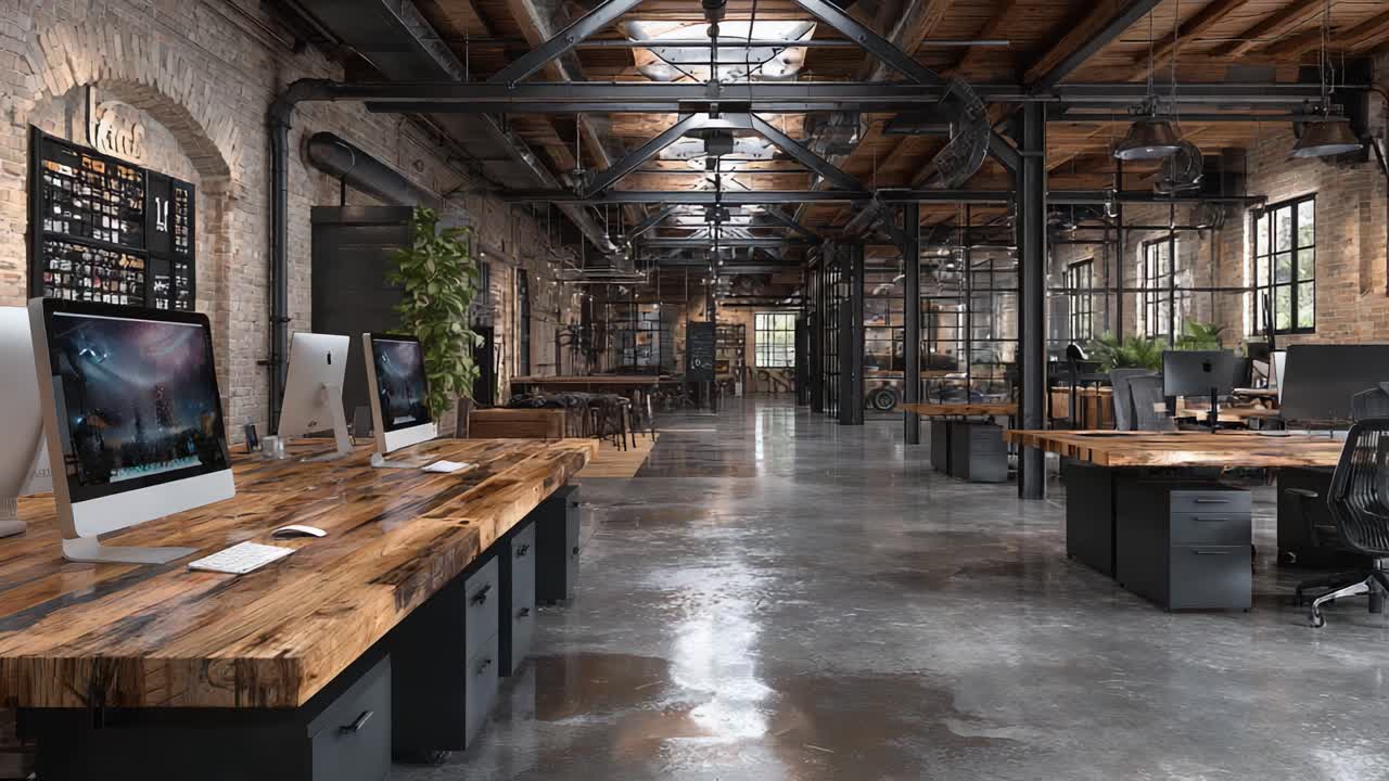 All'interno di un elegante spazio ufficio urbano progettato per la produttività e la collaborazione, caratterizzato da scrivanie moderne e un'atmosfera luminosa e accogliente con elementi industriali.