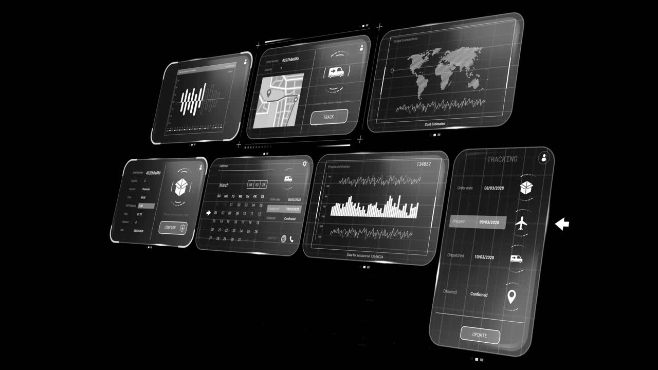 Animation of data processing on screens over black background