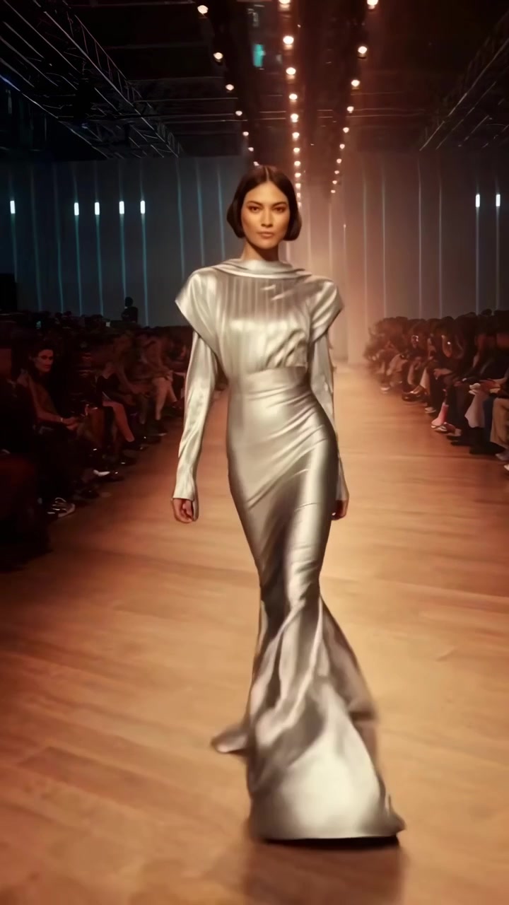 Modelle che sfilano su una passerella di moda con abiti eleganti firmati