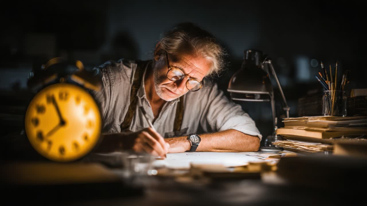 Uno studioso intento al lavoro: Catturando la dedizione concentrata di uno scrittore circondato da carte e dal passare del tempo in uno spazio di lavoro accogliente e poco illuminato.