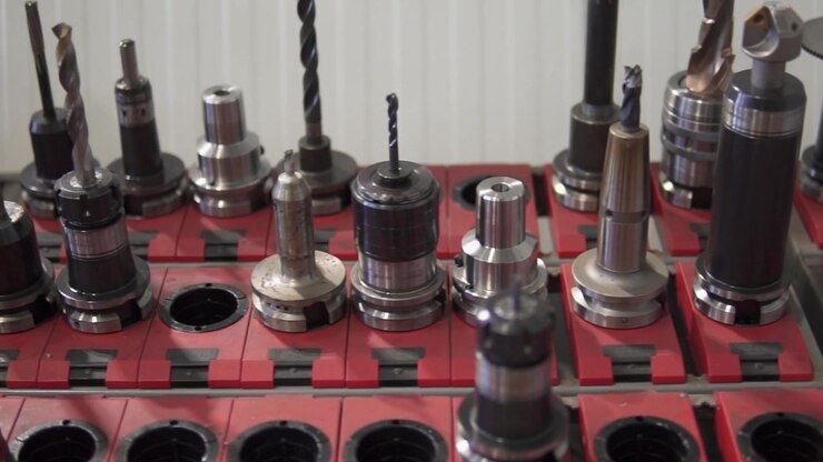 Primo piano dettagliato di vari utensili per macchine CNC ordinatamente organizzati in supporti rossi. L'illuminazione soffusa evidenzia le texture metalliche e la precisione di fabbrica