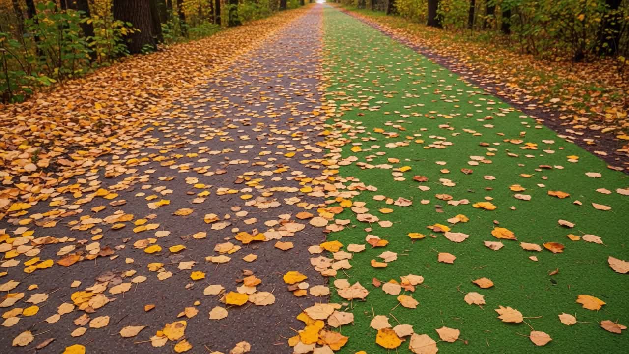A Vibrant Pathway Blanketed with Autumn Leaves Showcasing a Distinct Division Between a Paved Trail and a Lush Green Track in a Scenic Nature Setting