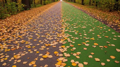 a vibrant pathway blanketed with autumn leaves showcasing a distinct division between a paved trail and a lush green track in a scenic nature setting