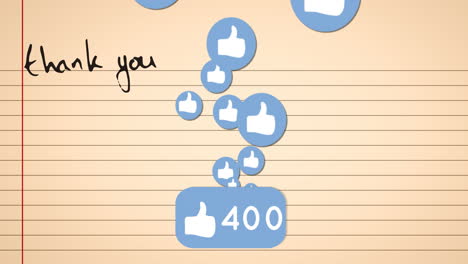 Thank you text with thumbs-up icons and 502 likes animation over lined paper