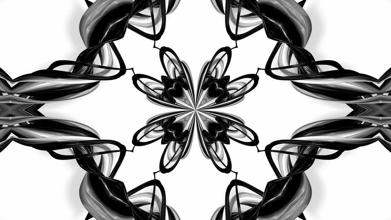 4k loop animation with black and white ribbons are twisted and form complex structures like symmetric ornament pattern or kaleidoscopic effect. Seamless footage with luma matte as alpha channel. 57