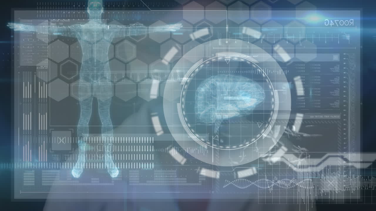 의료 데이터 처리와 함께 미래의 화면을 만지는 여성 의사