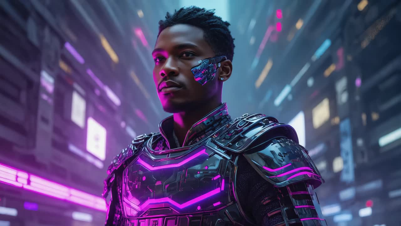 Cyberpunk Man in Neon-Lit Futuristic City
