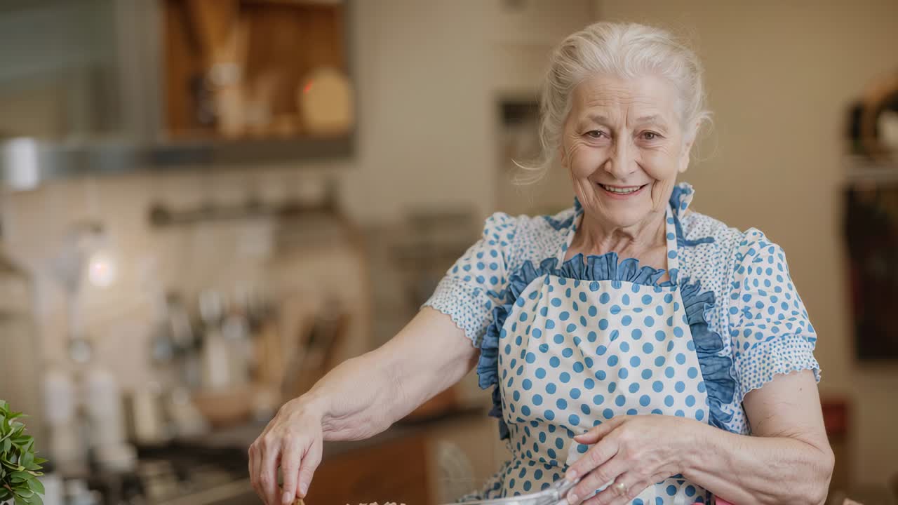 Cuoco senior sorridente che indossa un grembiule, allunga la mano e mescola in una cucina domestica, preparando un pasto con un cucchiaio