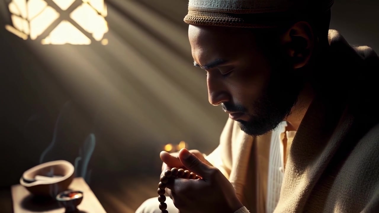 Devout Muslim Man Meditating with Prayer Beads in a Spiritual Setting