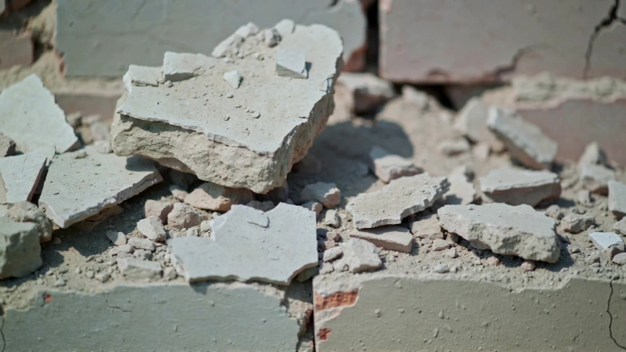 Shifting camera revealing broken plaster slab and rubble on blocks at exterior wall to show damage