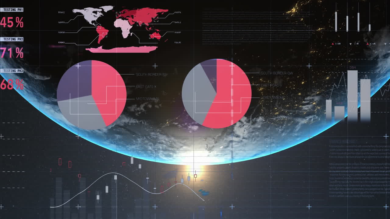 Animazione di grafico a torta multicolore, dati, timer e mappa su bagliore lente e globo rotante