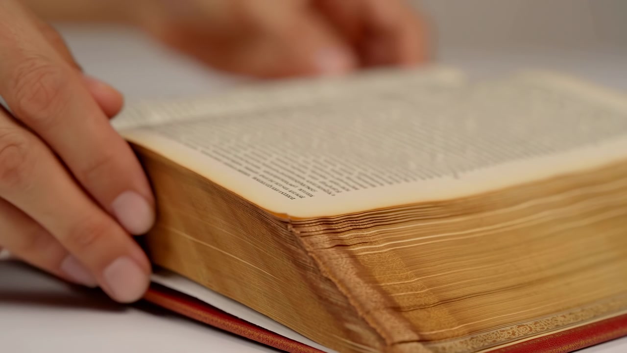 Libro che sfoglia le pagine, su una superficie bianca, con libro e mani, da una prospettiva dall'alto, con accenti marroni e rossi, e un'atmosfera neutra, che mostra oggetti vicini e l'ambiente circostante.