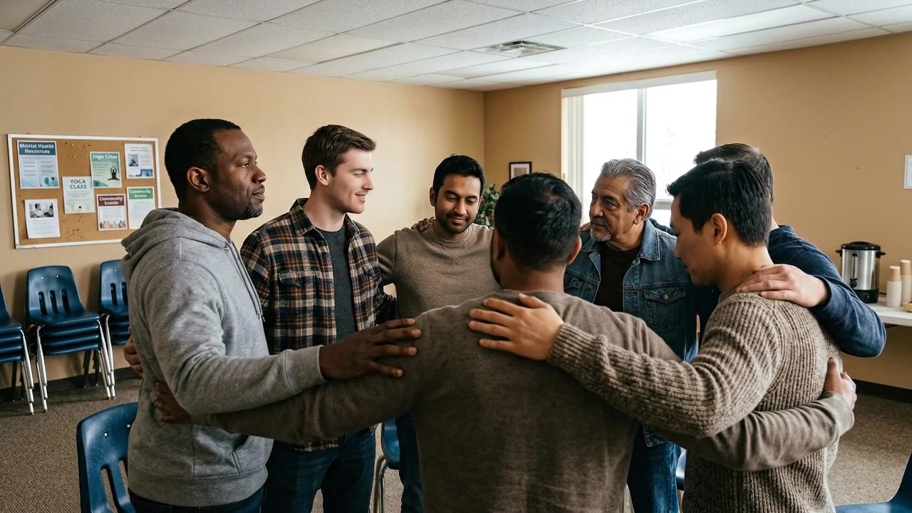 Diverse Group of Men Standing in a Circle for Support Group Meeting