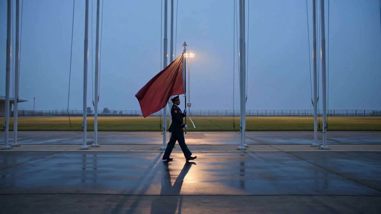 Entrando in scena, una guardia in uniforme cerimoniale marcia portando una bandiera rossa attraverso la piazza, con il bagliore di una lampada.