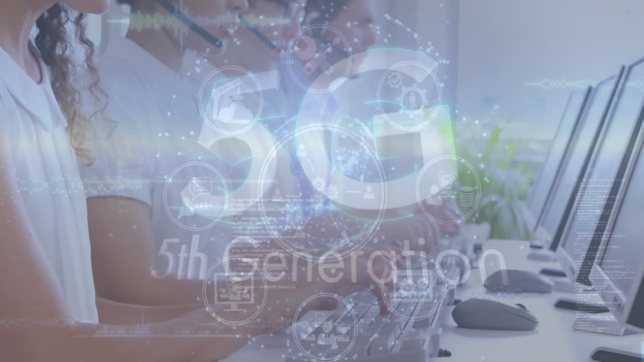 Composite image of call center reps with rotating icons in the foreground.