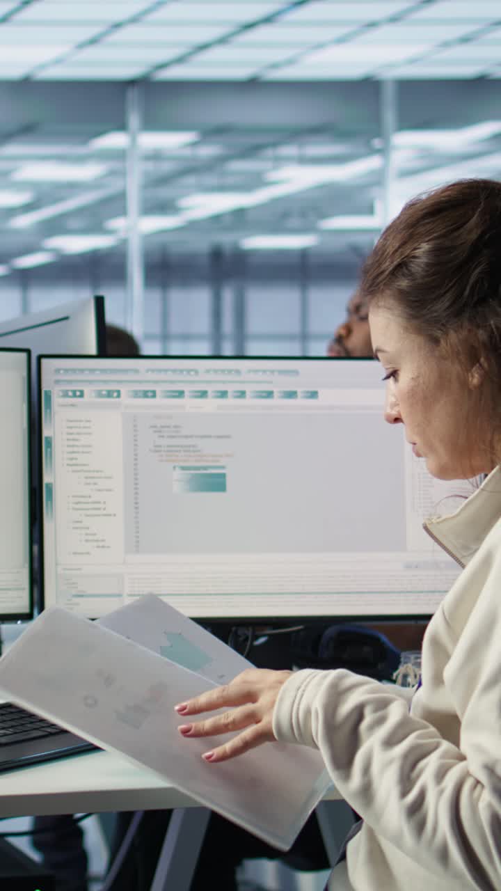 Programmer Wanita Bekerja dengan Beberapa Layar Komputer di Kantor Modern