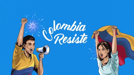 una pareja de colombianos protesta en la escena de los personajes.
