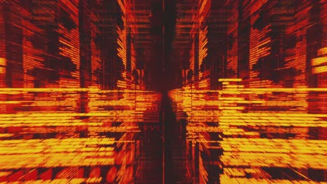 Flying into Infinite glowing red lines of computer data or code. Loop.
