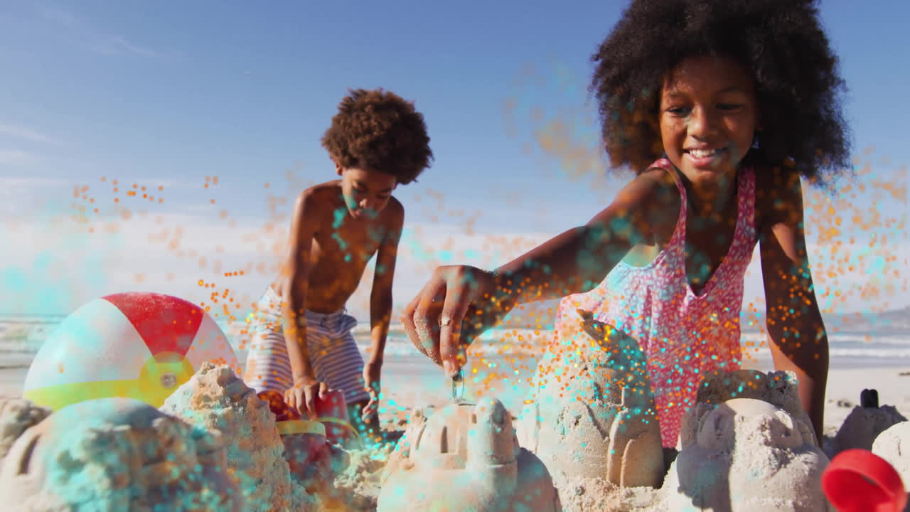 On beach, children building sandcastles with colorful animation overlay, having fun