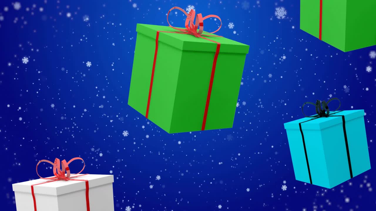 Animation of snowflakes and presents falling on blue background