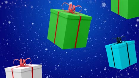 animación de copos de nieve y regalos que caen sobre un fondo azul