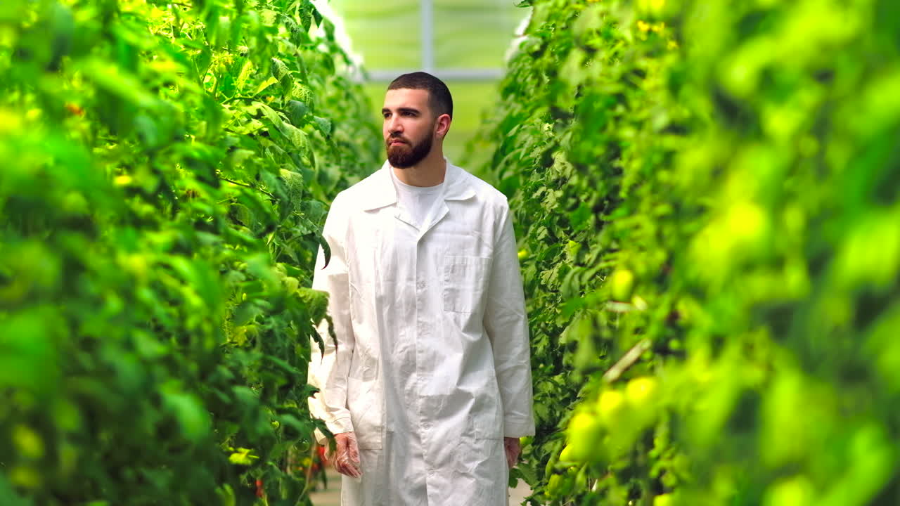 Laboratory technician in a white coat analysing tomatoes grown in a greenhouse
