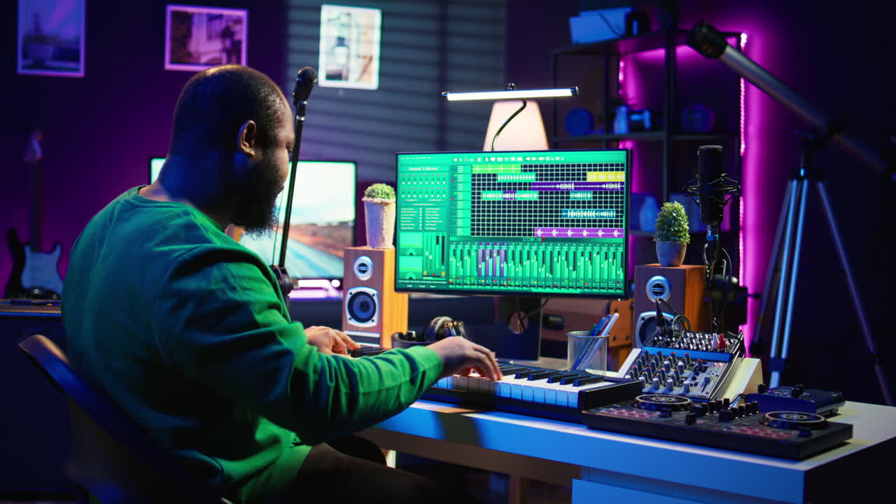 artista tocando piano teclado electrónico y grabando nuevos sonidos