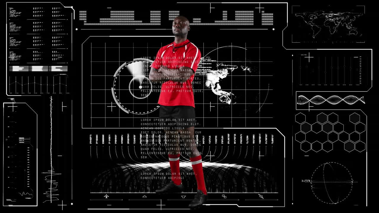 Animation of rugby player over network of connections and data processing