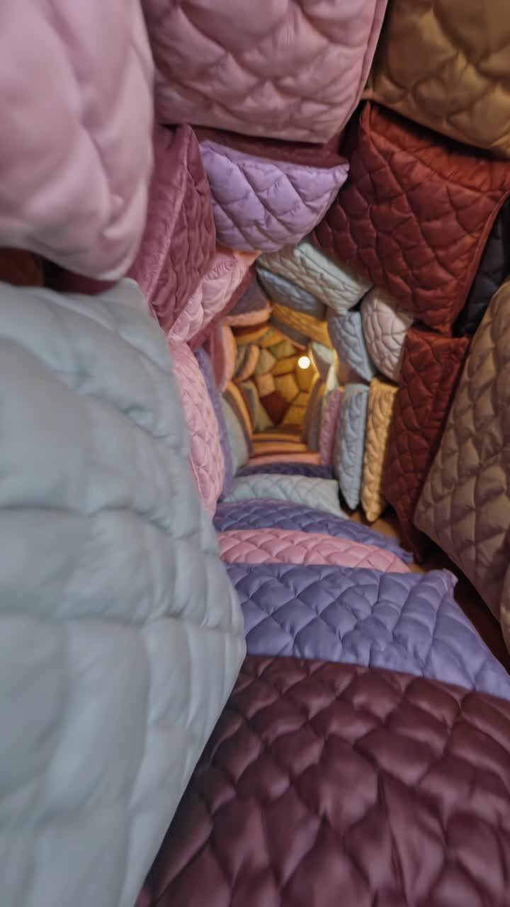 Colorful quilted pillows create a cozy tunnel effect, showcasing soft textures and inviting ambiance