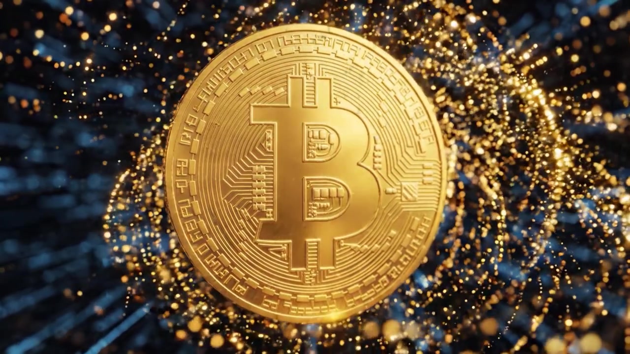 Una Moneta Bitcoin Dorata Circondata da Particelle Digitali in un Ambiente Basato sui Dati, Evidenziando l'Impatto della Criptovaluta sul Futuro della Finanza e della Tecnologia