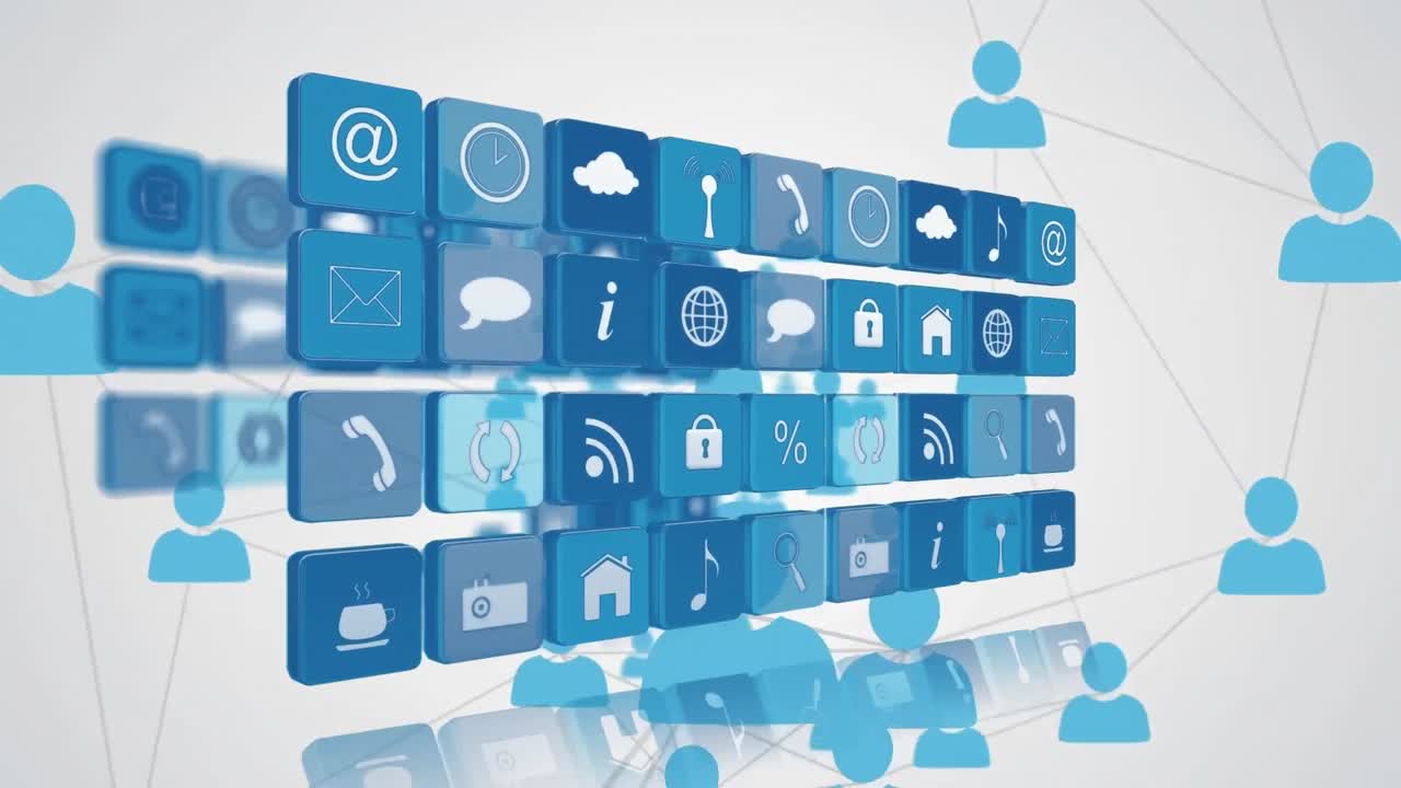 animación de múltiples iconos digitales sobre una red de iconos de perfil contra un fondo gris