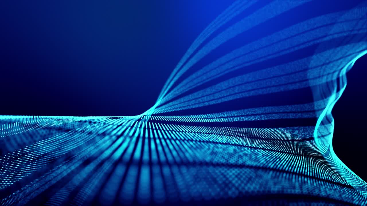 loop 4k sfondo astratto di particelle luminose forma linee, superfici come paesaggio futuristico nel cyberspace o ologramma. tema sci-fi di microworld, nanotecnologia o spazio cosmico. strisce blu 7
