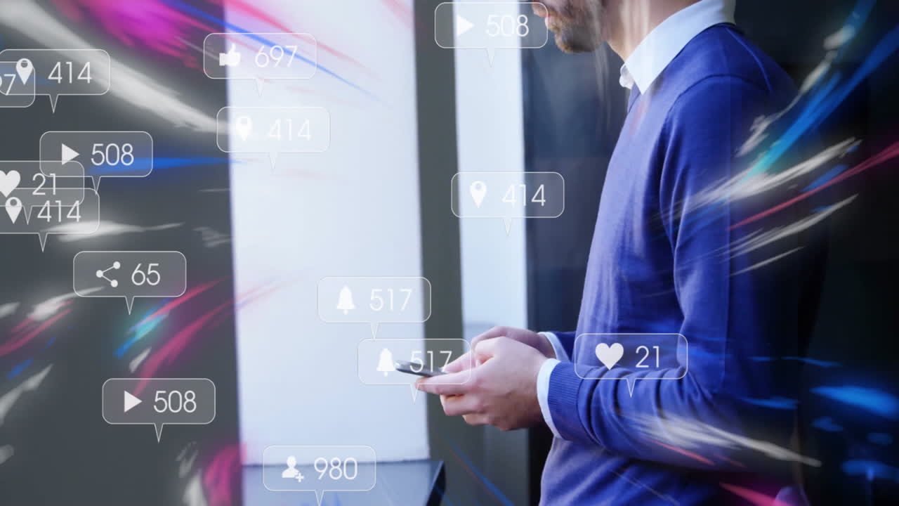 Using smartphone with animation of social media notifications on colorful background