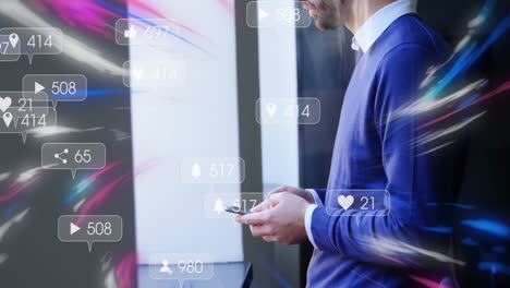 using smartphone with animation of social media notifications on colorful background
