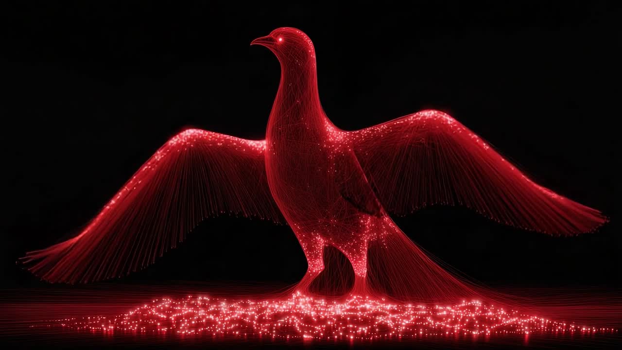 A Vibrant Digital Representation of a Bird with Radiant Red Glow, Showcasing Intricate Patterns and Lines Against a Dark Background, Symbolizing Freedom and Elegance
