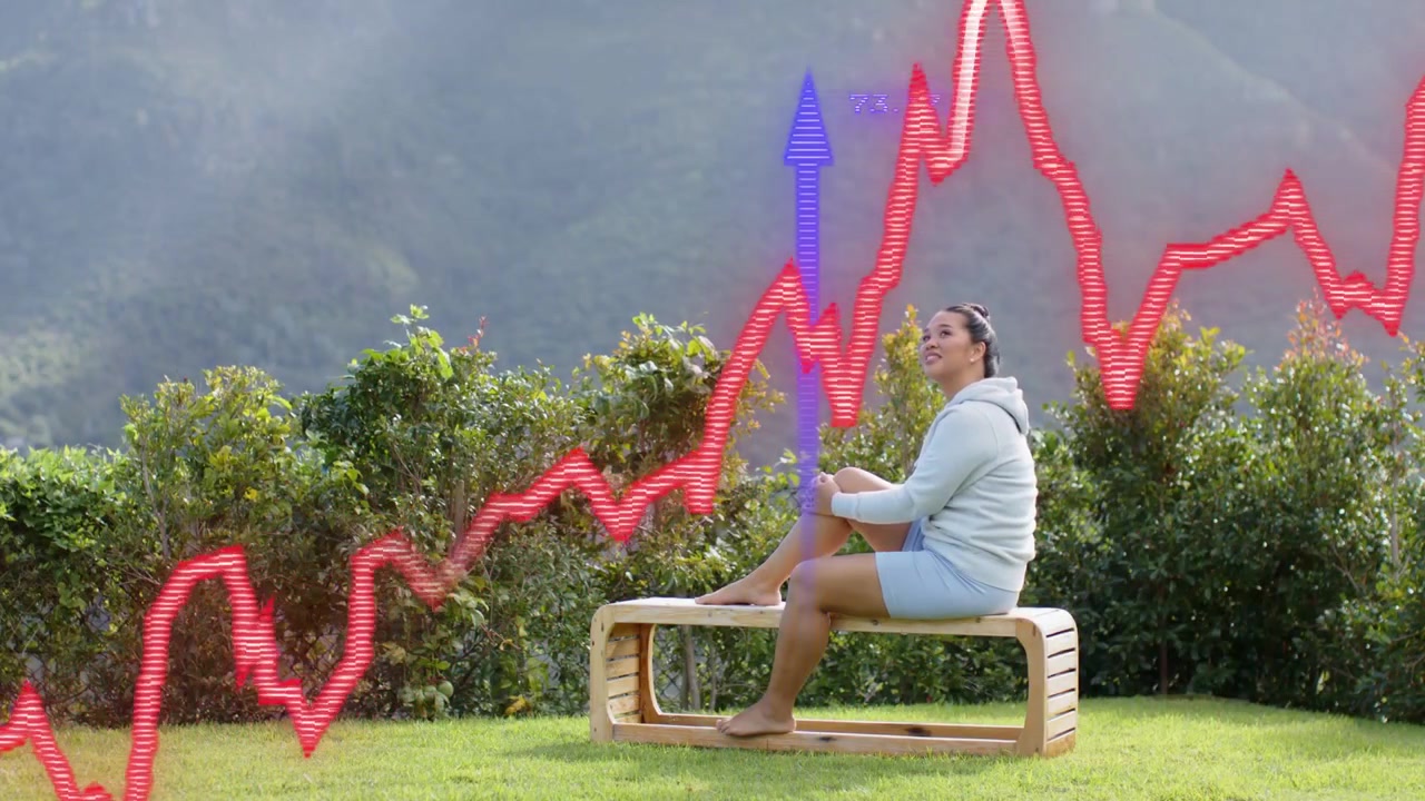 Mulher sentada em um banco com dados sendo atualizados, gráficos financeiros deslizando, setas alinhando o perfil para análise.