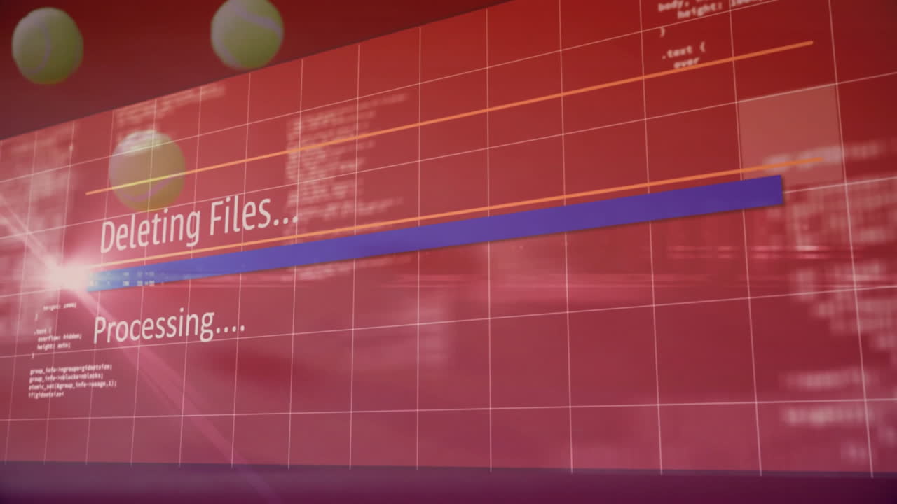 Blue progress bar deleting files while showing processing and blurred code under flat design grid