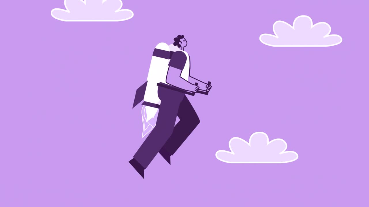 Purple Style Man Flat Character Flies Up with Flying Jetpack Backpack. Isolated Loop Animation with Alpha matters