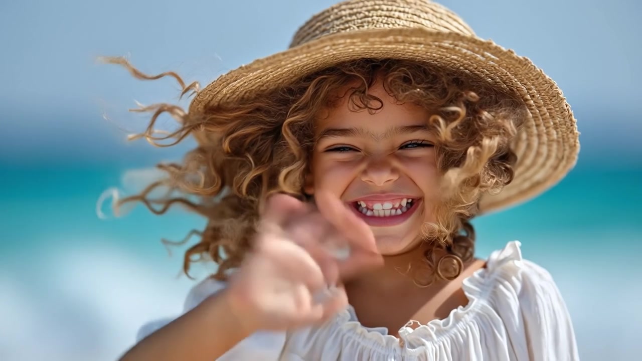 Bambino allegro con i capelli ricci che indossa un cappello di paglia e ride su una spiaggia