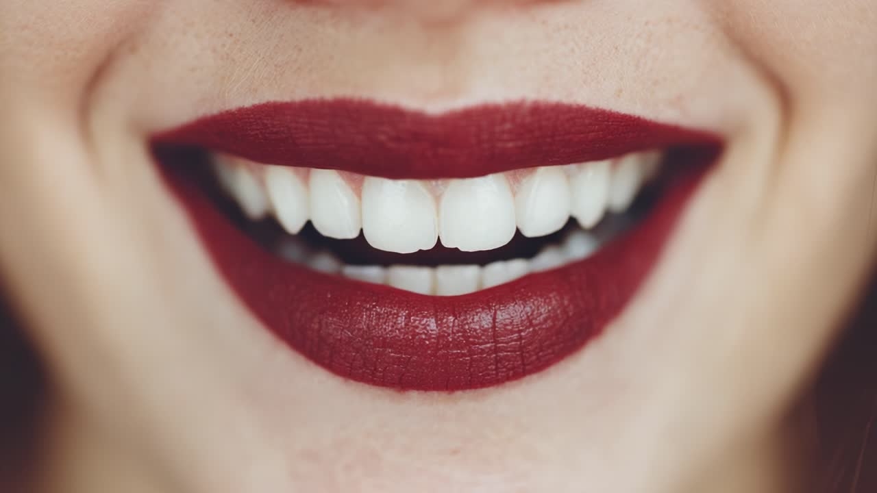 A Captivating Smile: The Transformation of Lips with Bold Red Lipstick and Radiant Teeth in a Close-Up Sequence, Showcasing the Beauty of Personal Care and Confidence